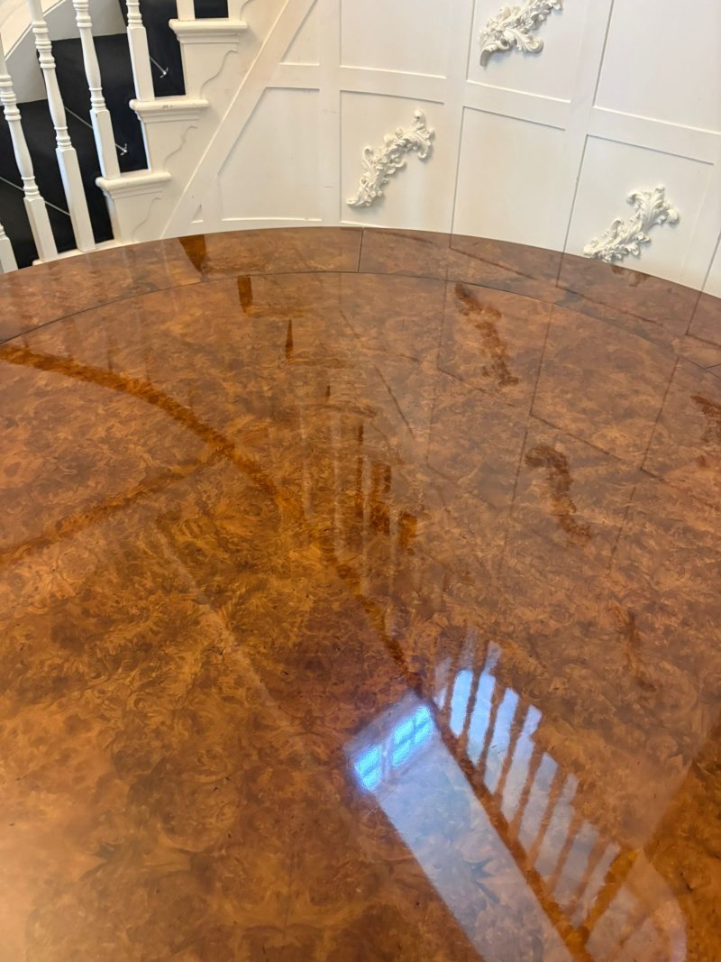 Antique Exceptional Quality Burr Walnut Circular Extending Dining Table Seating 10 with Radial Leaves & Matching Burr Walnut Leaf Holder - Image 30